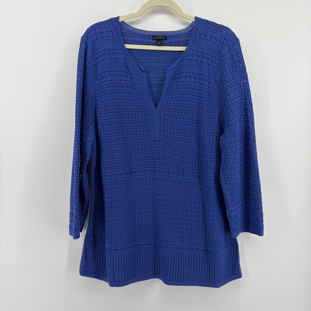 Talbots Sweater Blue Women XL Split V-Neck 3/4 Sleeve Pointelle Cotton Blend